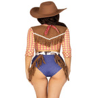 Back view of Playful Cowboy Costume: tie-front fringe top, fringe shorts, fringe belt, sheriff badge, neck bandana.