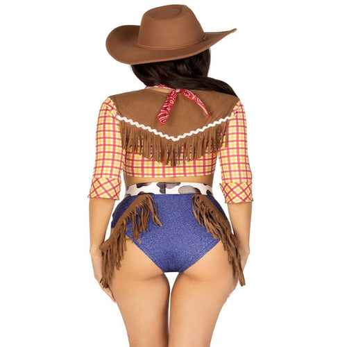Back view of Playful Cowboy Costume: tie-front fringe top, fringe shorts, fringe belt, sheriff badge, neck bandana.