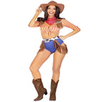 5 PC Playful Cowboy Costume: tie-front fringe crop top, high-waist shorts, fringe belt, sheriff badge, neck bandana.