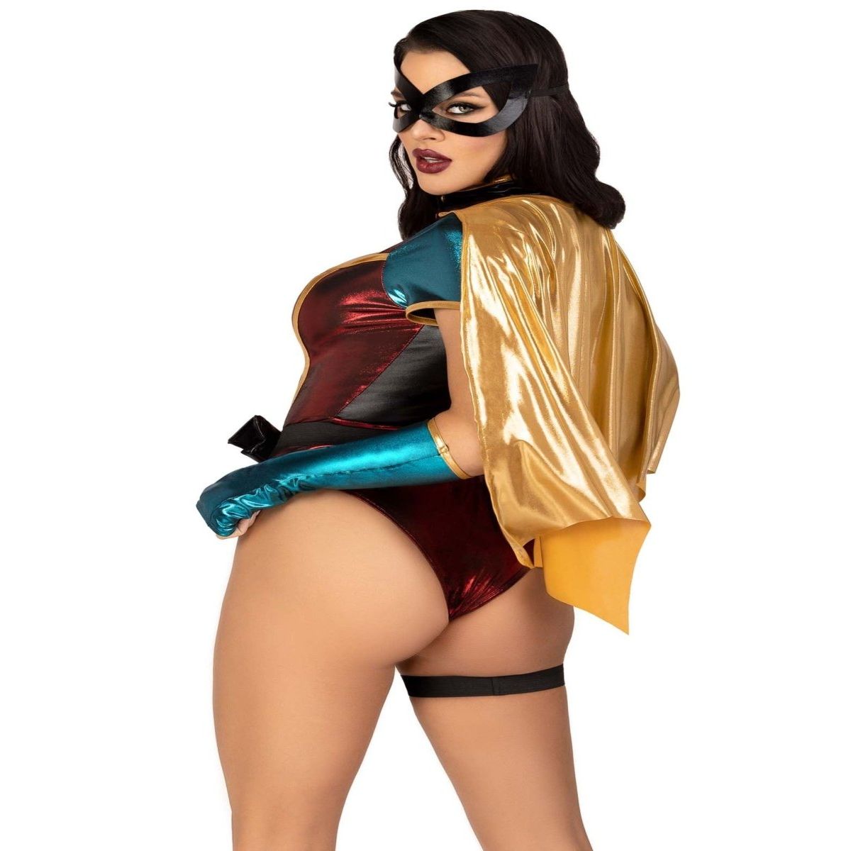 5 PC Sultry Sidekick Costume: metallic zip-up bodysuit, detachable cape, belt with attached garter, teal gloves, mask