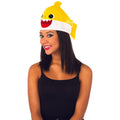 Woman wearing Adult Baby Shark Hat – Baby Shark, yellow shark hat with white band.