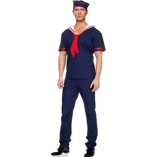 Ahoy Matie Costume: navy sailor outfit with collared shirt, red necktie, matching pants and cap.
