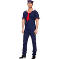 Ahoy Matie Costume: navy sailor outfit with collared shirt, red necktie, matching pants and cap.