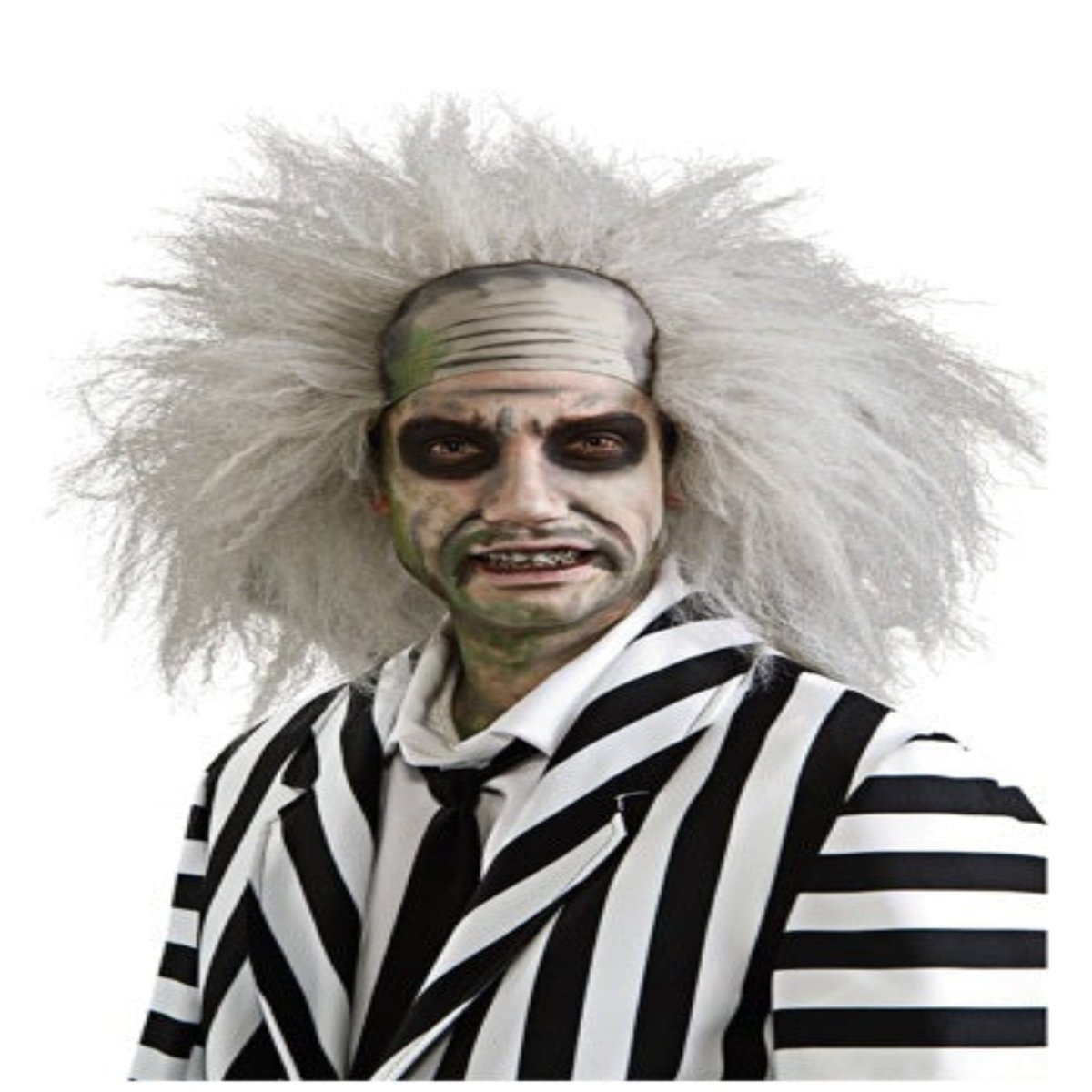 Beetlejuice adult costume wig with wild gray hair on a flesh-colored latex cap.