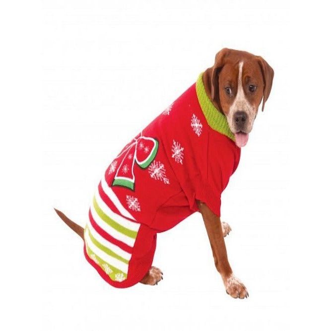 Dog wearing Big Dog Xmas Ugly Sweater with Bow Costume featuring snowflakes, red-green stripes, and a large back bow.