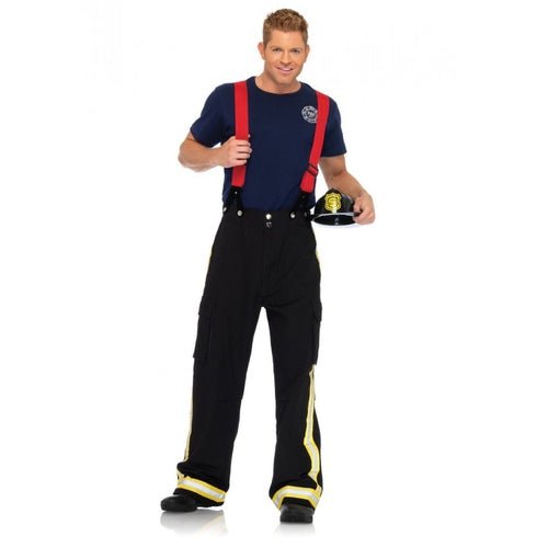 Black-red men's fireman costume by Leg Avenue, 3-piece set with trim pants, t-shirt & suspenders for Halloween party.