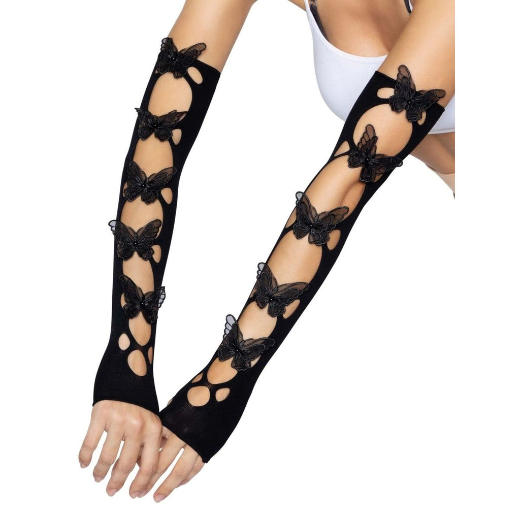 Black butterfly-cutout arm warmers with butterfly appliques along the sleeves; fingerless gloves.