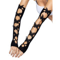Black butterfly-cutout arm warmers with butterfly appliques along the sleeves; fingerless gloves.