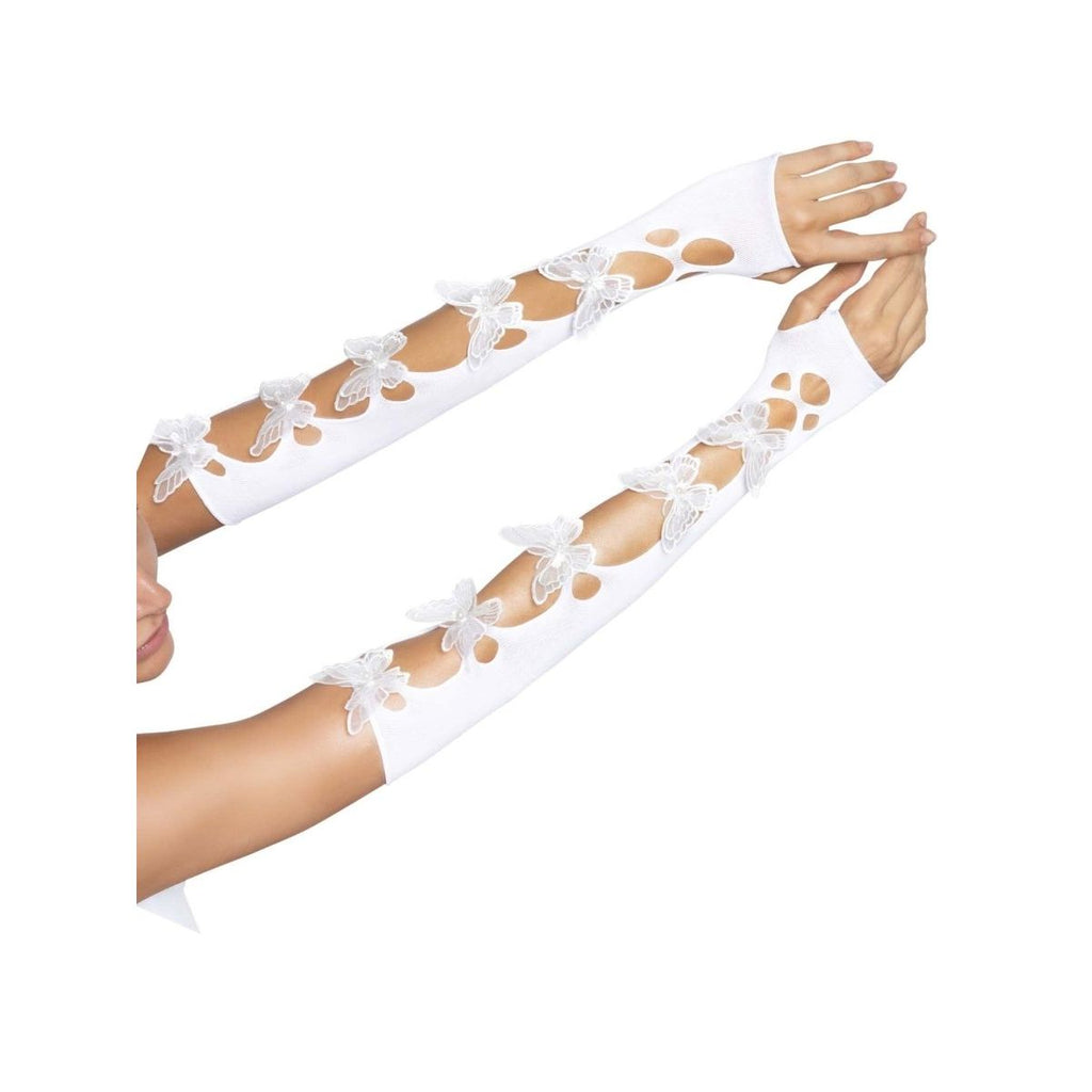 White butterfly-cutout arm warmers with floral appliques, fingerless gloves for festival looks.