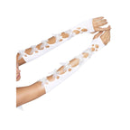 White butterfly-cutout arm warmers with floral appliques, fingerless gloves for festival looks.
