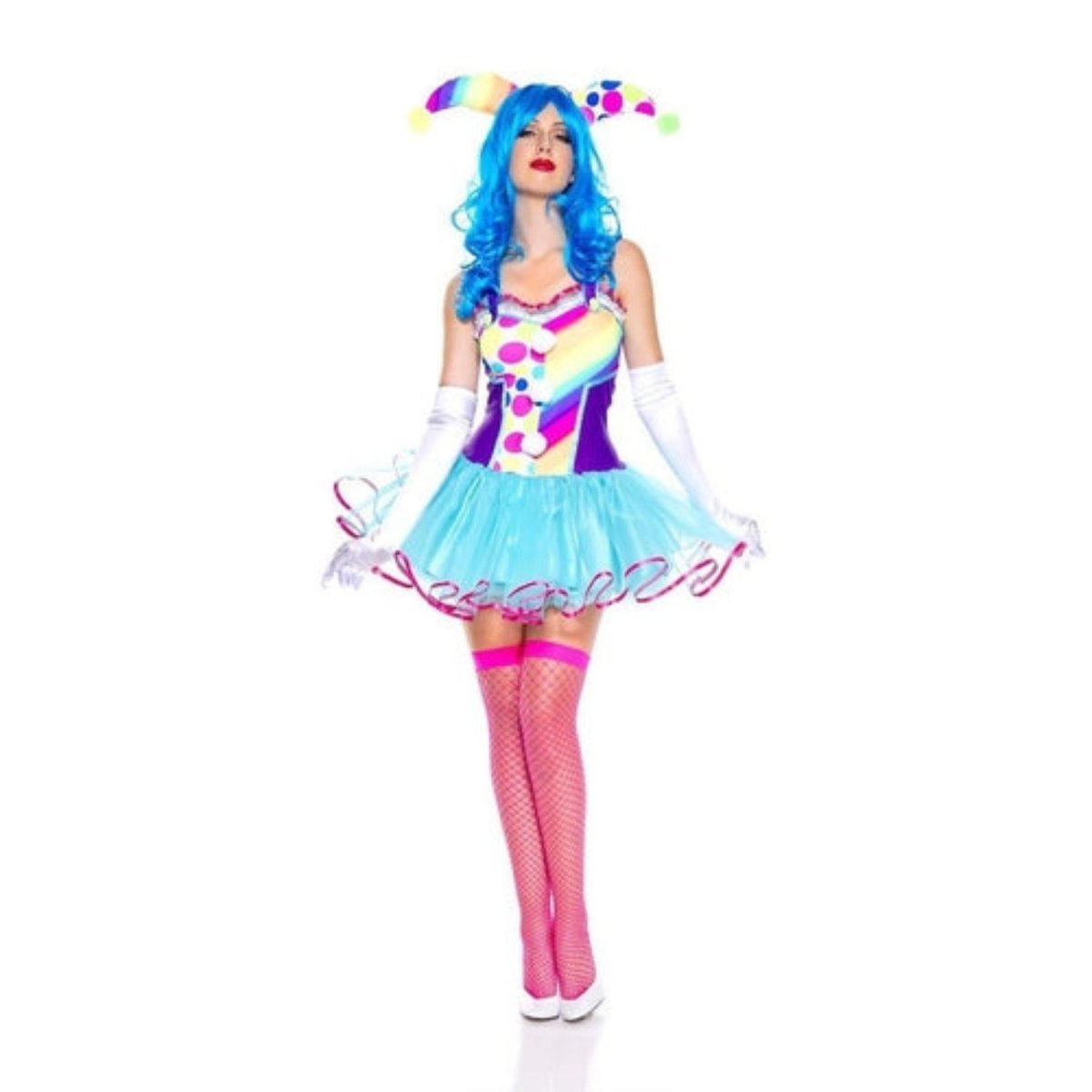 Model wearing Captivating Circus Cutie Costume with neon color petticoat dress, headpiece, and gloves.