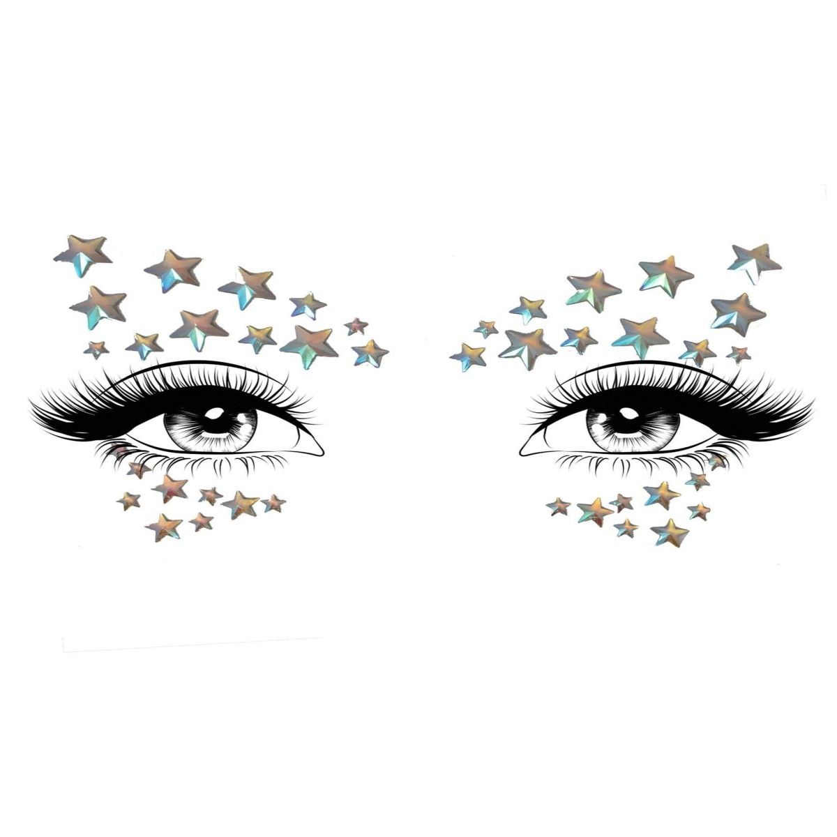 Celeste glow-in-the-dark face jewels sticker around the eyes with iridescent star accents.