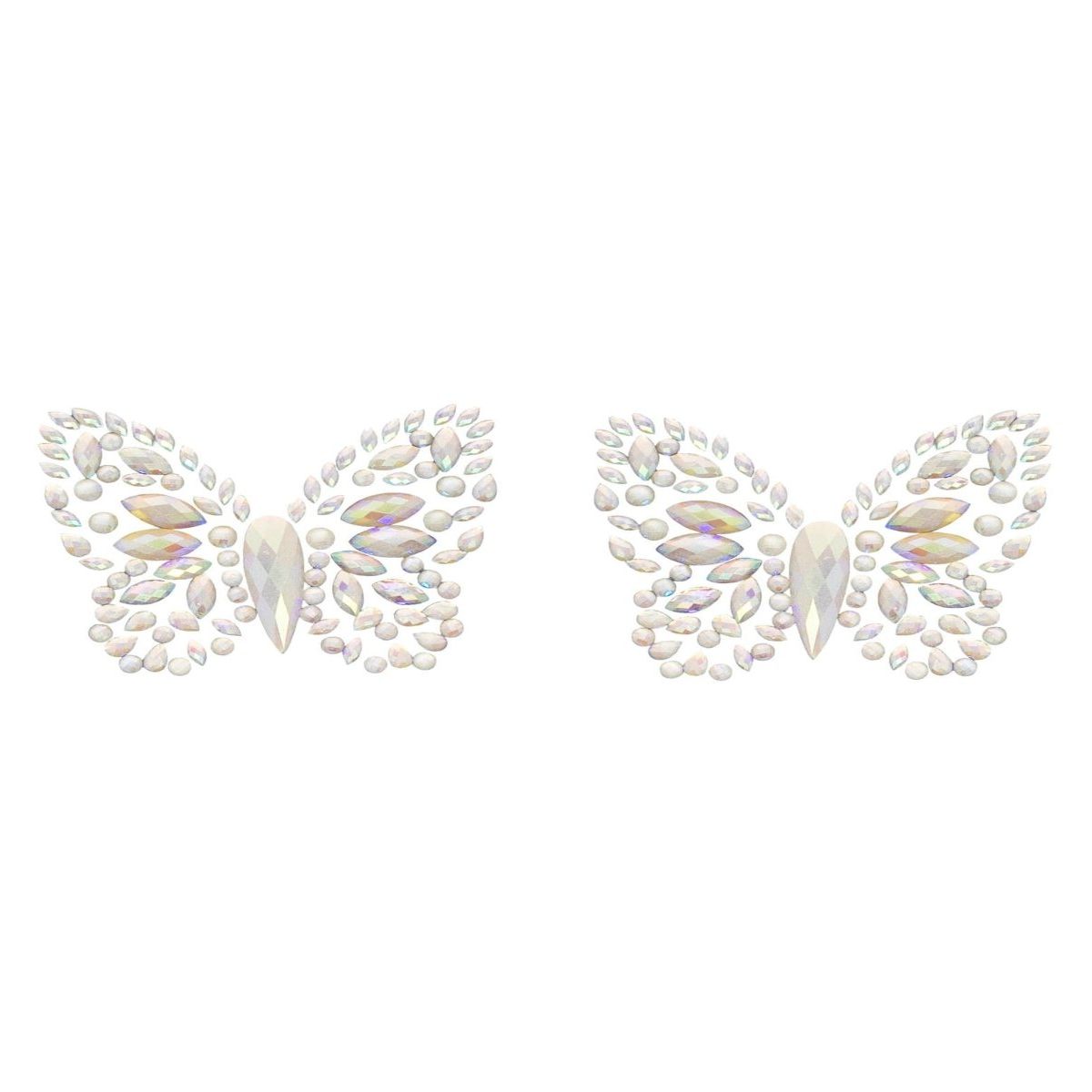 Pair of iridescent butterfly nipple cover jewels with crystal-like stones.