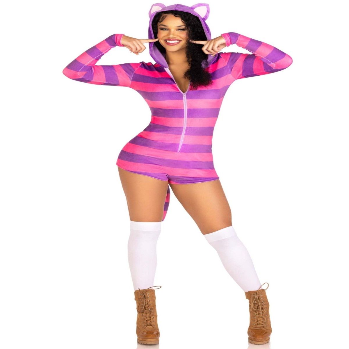 Comfy Cheshire Costume: plush velvet zip-up romper with tail and ear hood in pink and purple stripes.