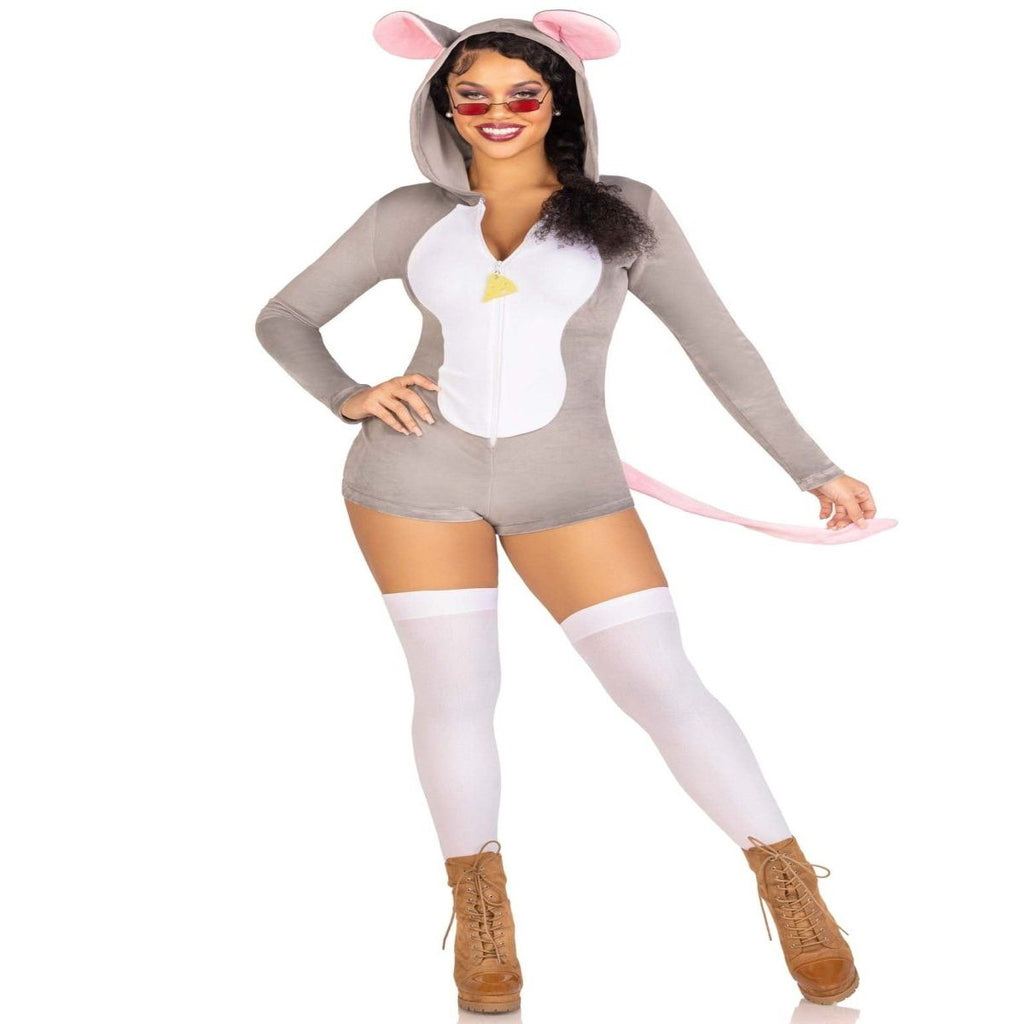 Adult wearing Comfy Mouse Costume: plush gray romper with white chest, cheese zipper pull, tail and ear hood.