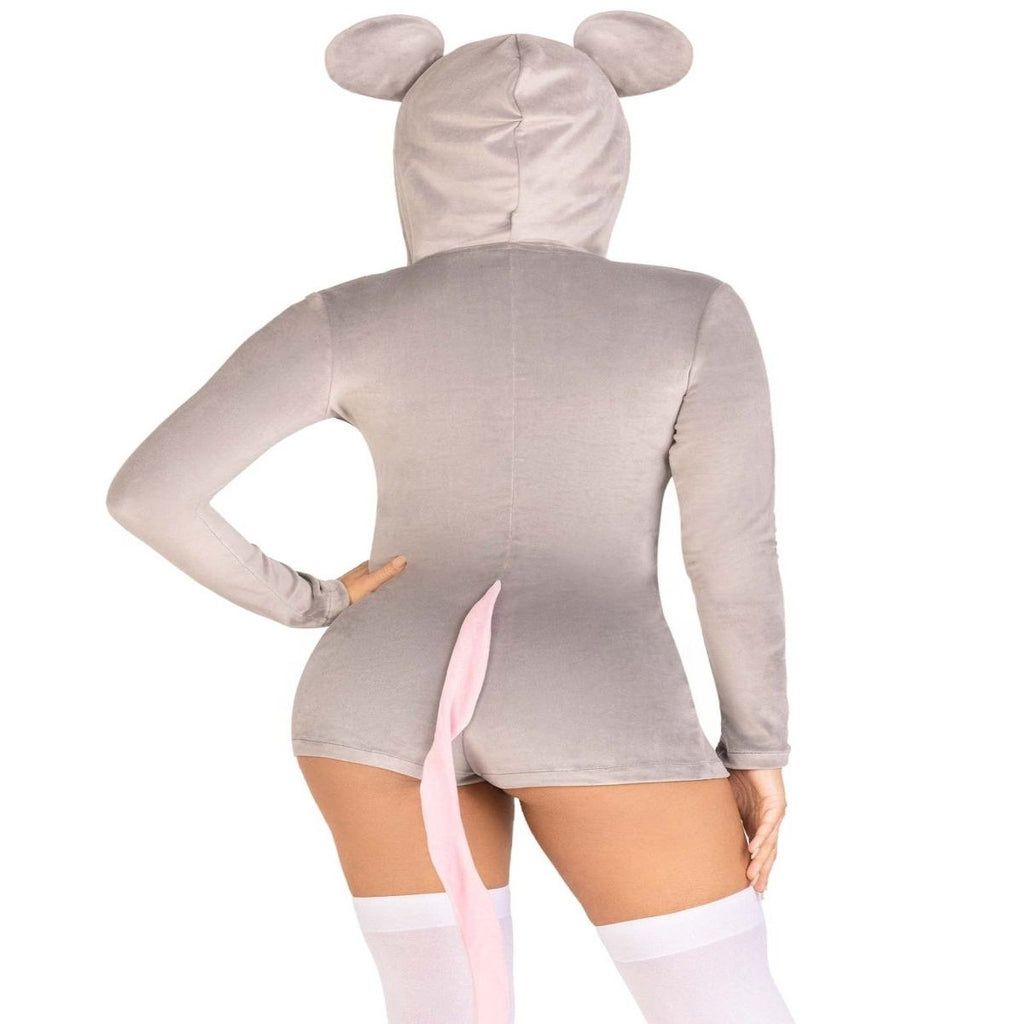 Comfy Mouse Costume: ultra-soft velvet plush zip-up romper with cheese zipper pull, tail, and ear hood.