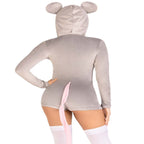 Comfy Mouse Costume: ultra-soft velvet plush zip-up romper with cheese zipper pull, tail, and ear hood.
