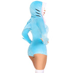 Blue velvet Comfy Shark Costume romper with fin details, teeth hood, and fish zipper pull.