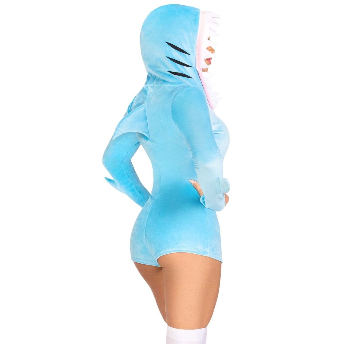 Blue velvet Comfy Shark Costume romper with fin details, teeth hood, and fish zipper pull.