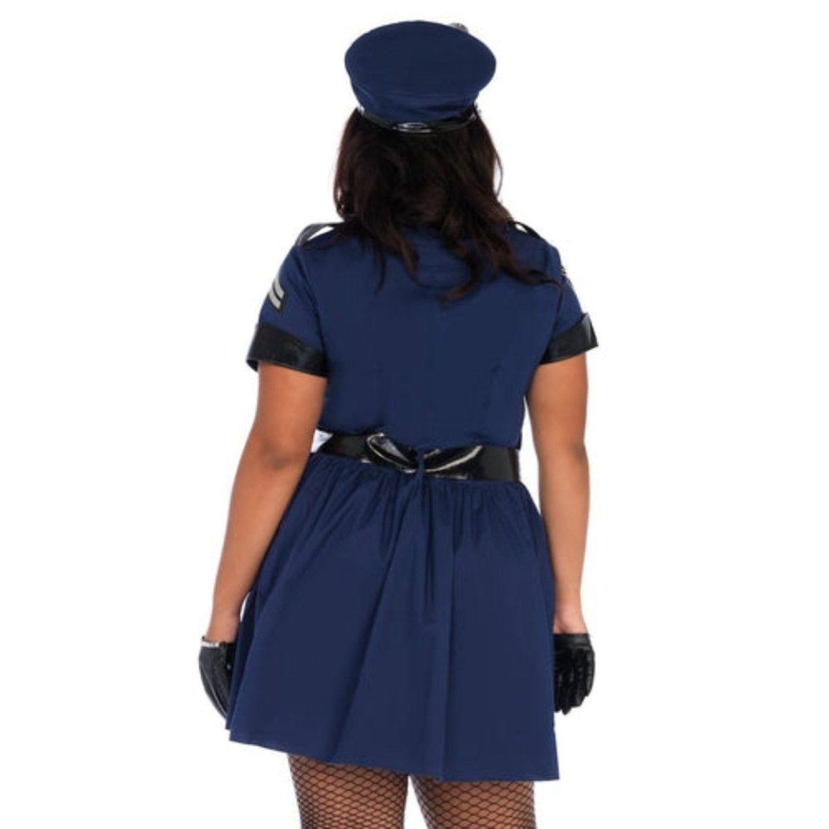Back view of a woman in blue Curvy Flirty Cop Costume with matching hat, belt, and gloves.