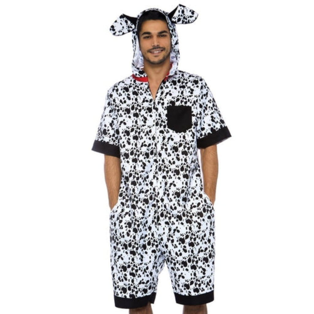 Dalmatian dog costume jumpsuit for men with black spots, ear hood, pockets, and double-sided front zipper.