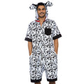 Dalmatian dog costume jumpsuit for men with black spots, ear hood, pockets, and double-sided front zipper.