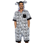 Dalmatian dog costume jumpsuit for men with black spots, ear hood, pockets, and double-sided front zipper.