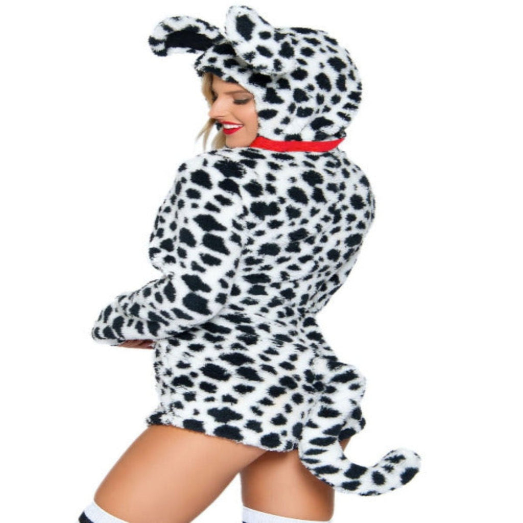 Dalmatian plush zip-up bodysuit costume with ear hood, red collar, and attached tail worn by a model.