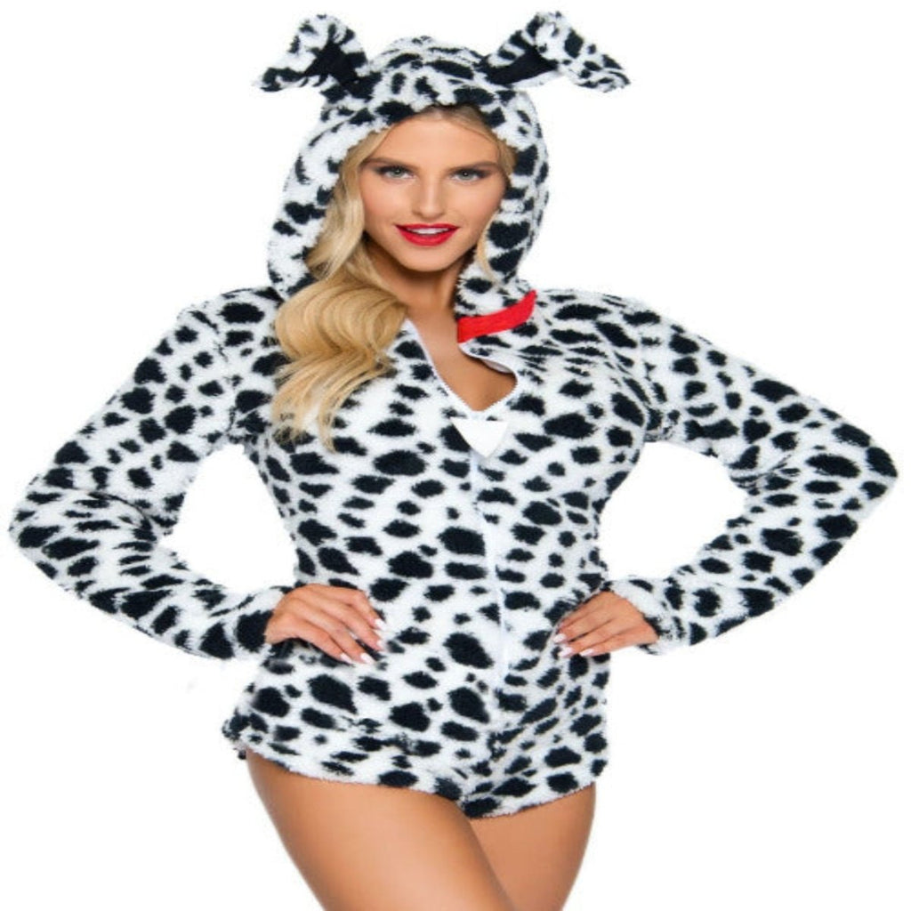 Darling Dalmatian plush zip-up bodysuit with ear hood, tail, and red collar accent.