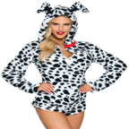 Darling Dalmatian plush zip-up bodysuit with ear hood, tail, and red collar accent.