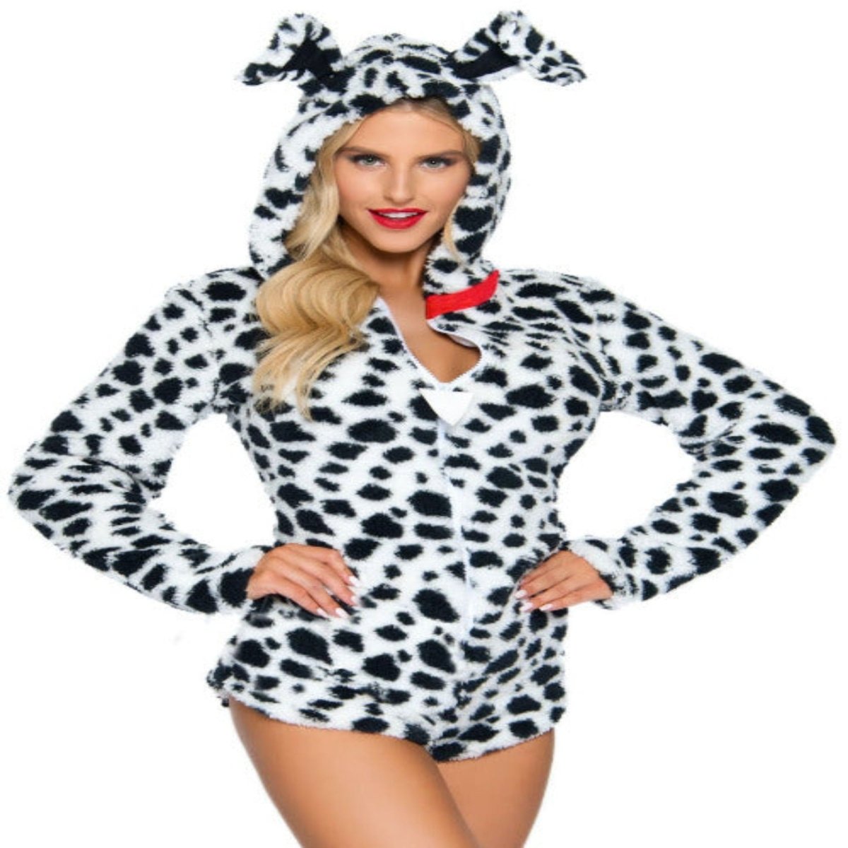 Darling Dalmatian plush zip-up bodysuit with ear hood, tail, and red collar accent.