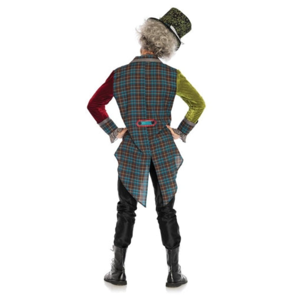 Deluxe Mad Hatter Costume: multi-print jacket with chain, velvet sleeves, necktie dickie, top hat.