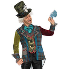 Deluxe Mad Hatter 3pc costume: patchwork jacket, velvet sleeves, chain vest, necktie dickie, teal bow tie, top hat.