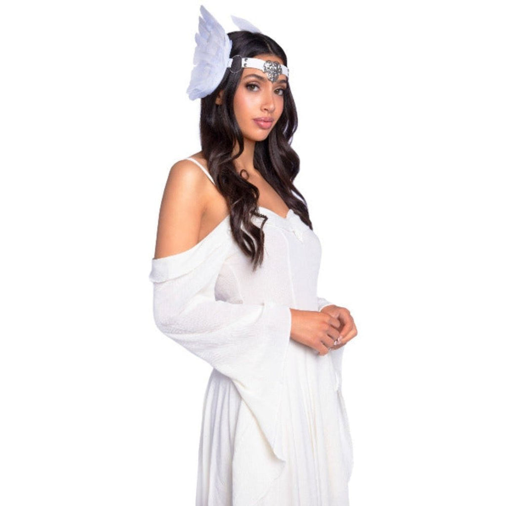 Feather headband with O-ring and metal filigree medallion accent - worldclasscostumes