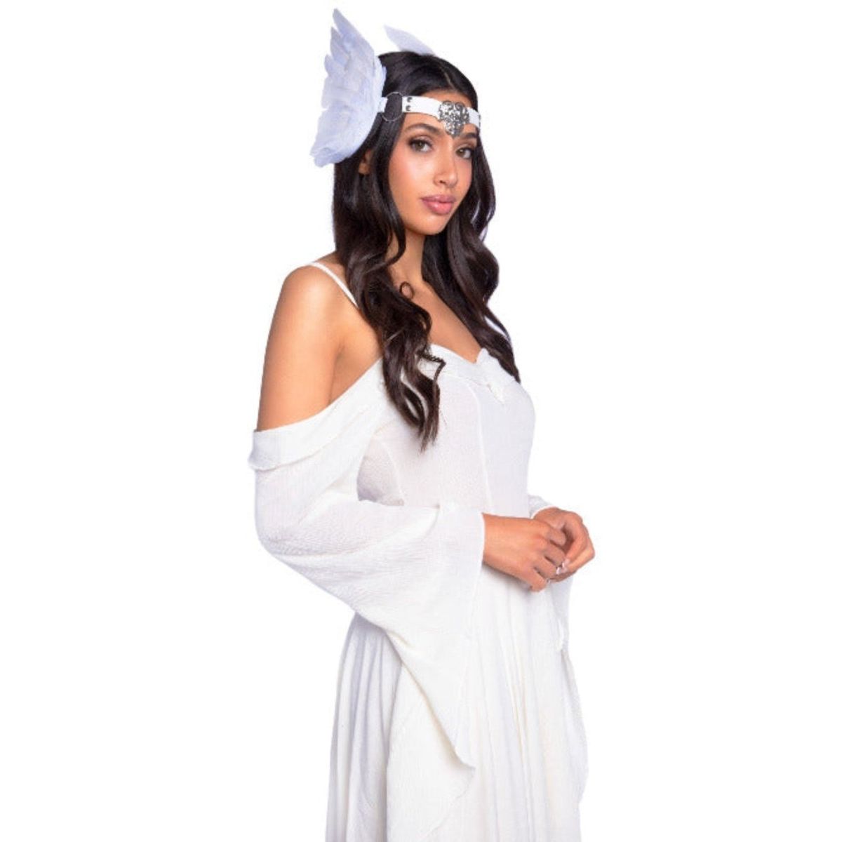 Feather headband with O-ring and metal filigree medallion accent - worldclasscostumes