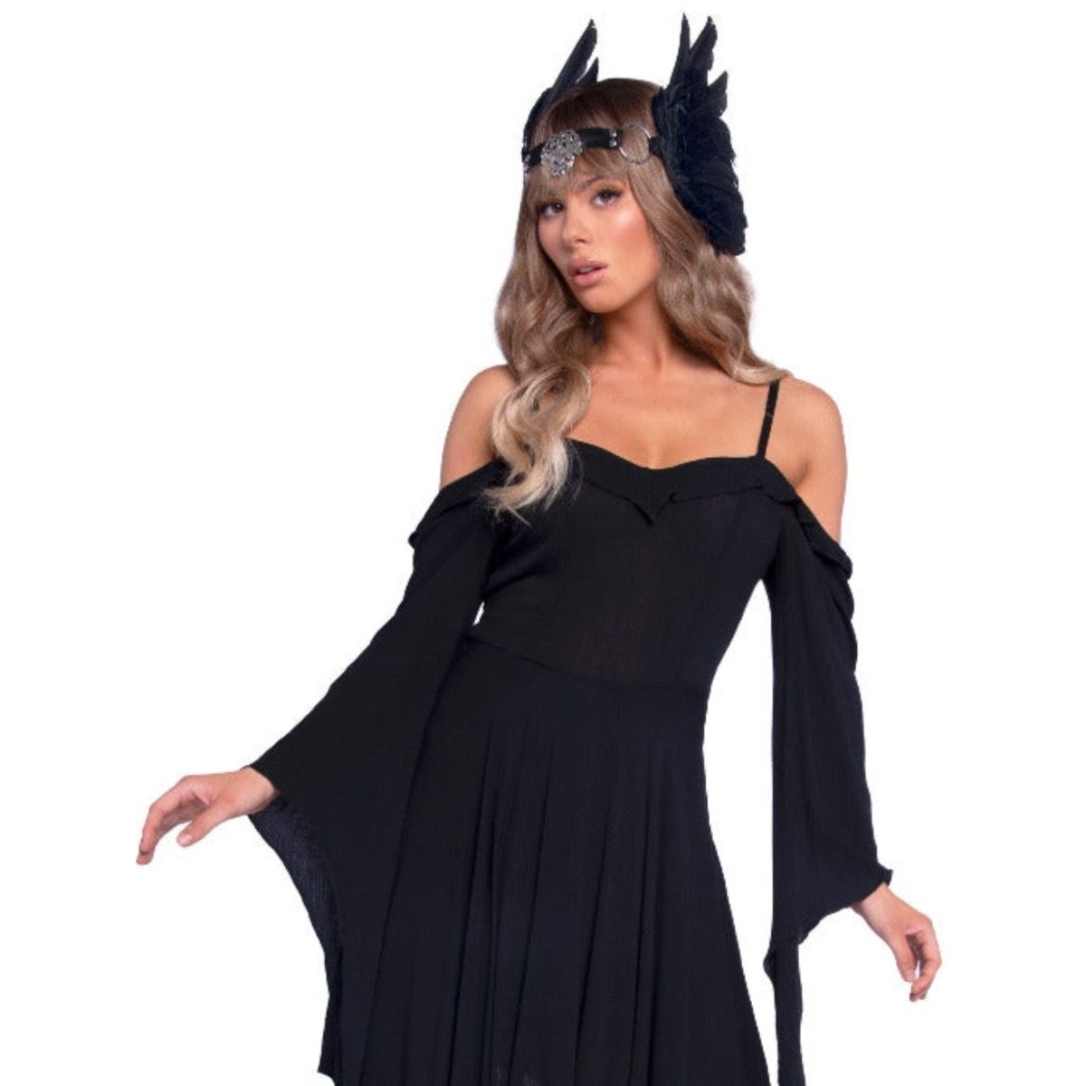 Feather headband with O-ring and metal filigree medallion accent - worldclasscostumes