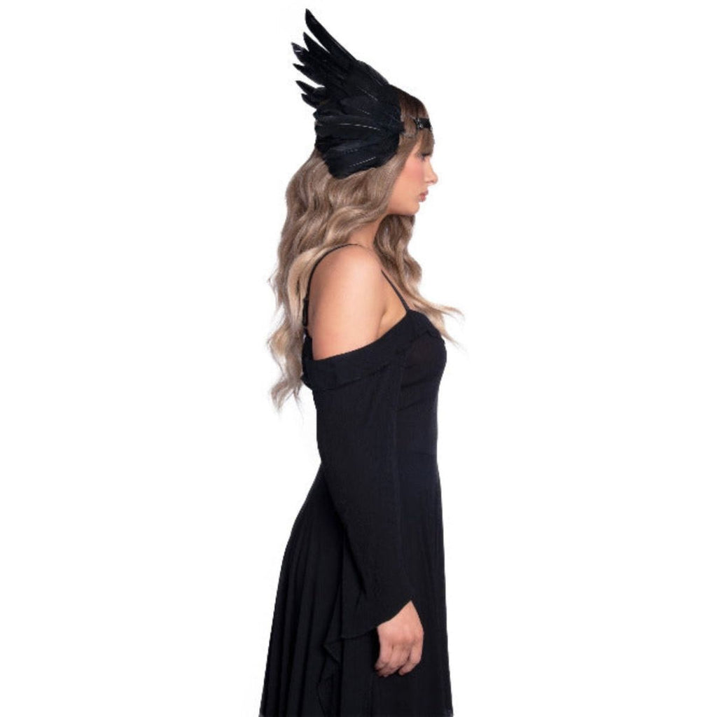 Feather headband with O-ring and metal filigree medallion accent - worldclasscostumes