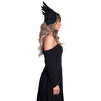 Feather headband with O-ring and metal filigree medallion accent - worldclasscostumes