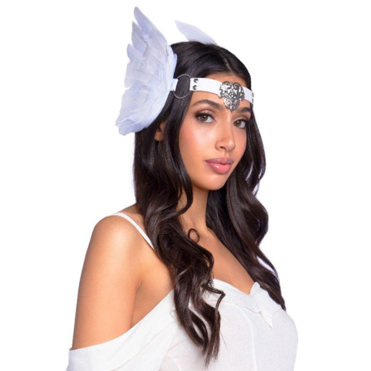 Feather headband with O-ring and metal filigree medallion accent - worldclasscostumes