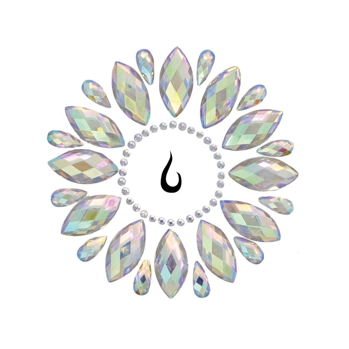 Fluer adhesive body jewels sticker by Leg Avenue; iridescent rhinestone belly button accents arranged in a circle.
