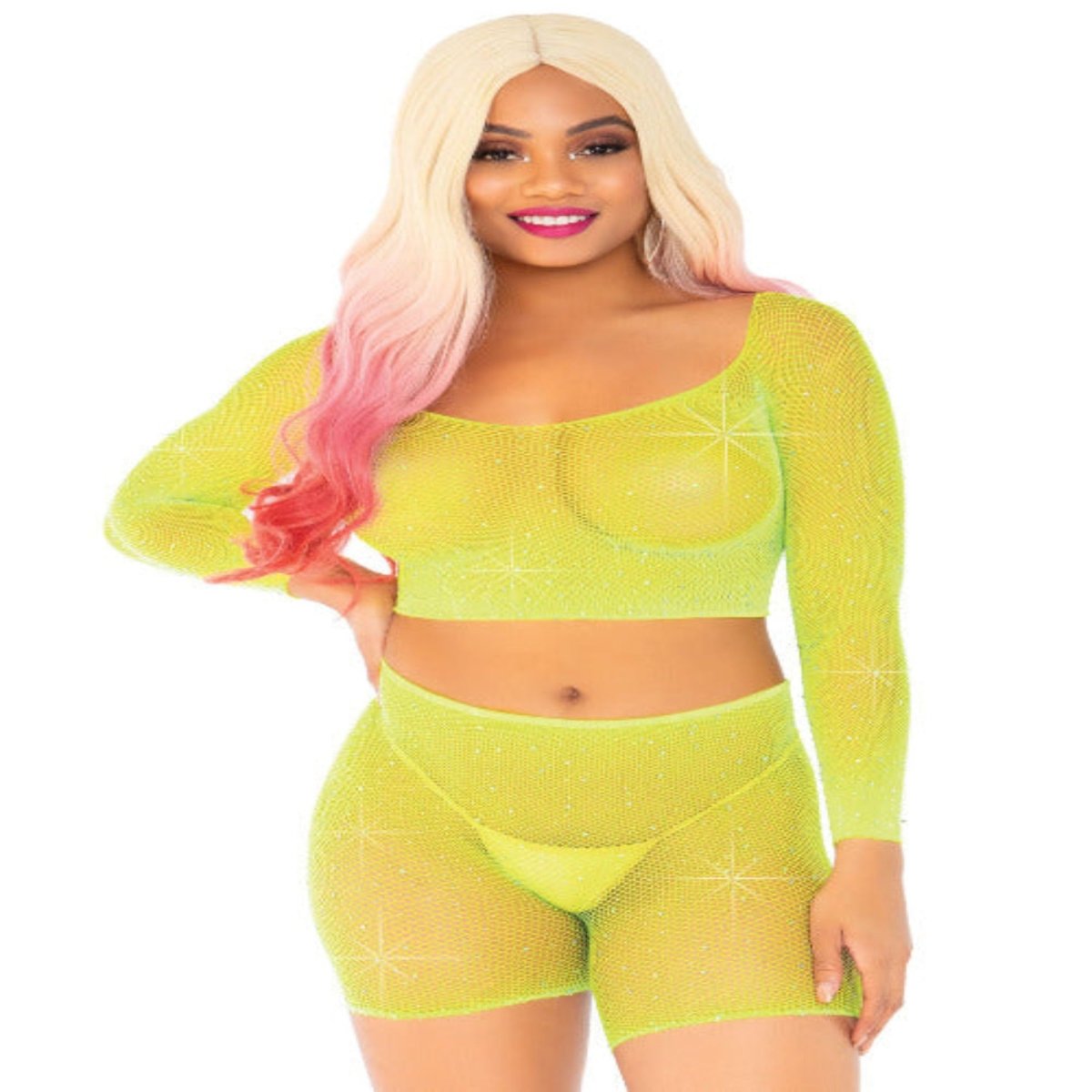 Good Vibes Fishnet Crop Top & Bike Shorts - worldclasscostumes