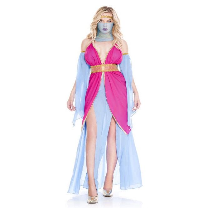 Harem Princess costume in pink and blue with Vneck, gold trim, halter straps, sheer belt, back zipper, two high slits.