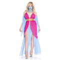 Harem Princess costume in pink and blue with Vneck, gold trim, halter straps, sheer belt, back zipper, two high slits.