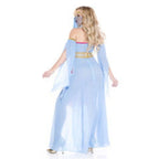 Harem Princess costume in blue and pink with deep V-neck, gold trim, halter straps, sheer belt, back zipper, long skirt.