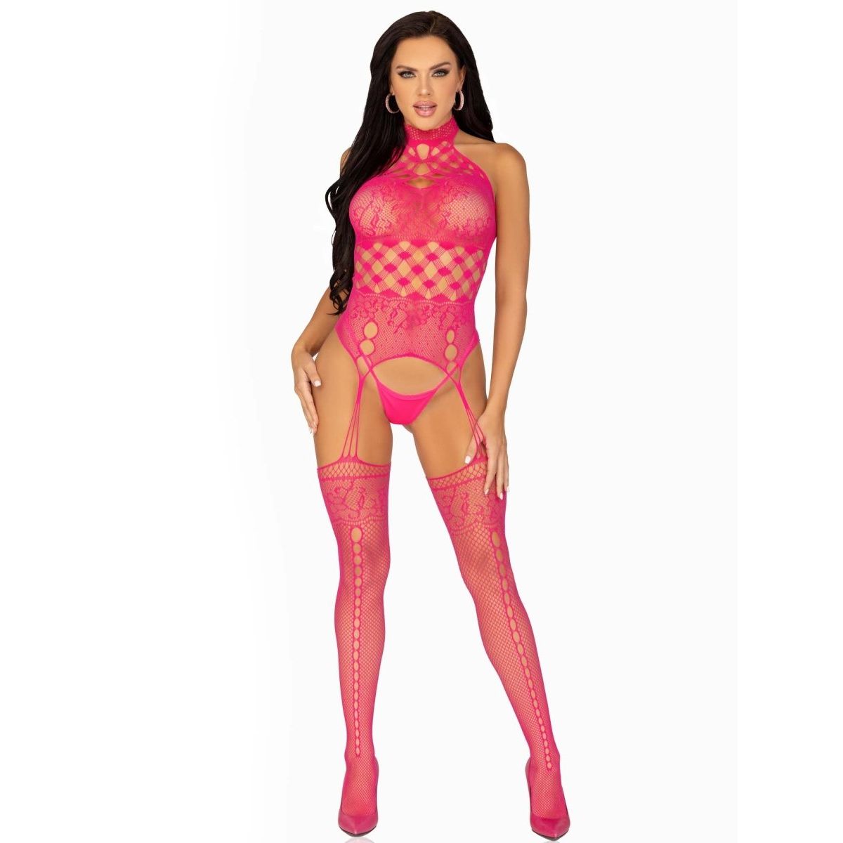 High neck halter hardcore net and lace suspender bodystocking - worldclasscostumes