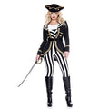 High Seas Captain Women Costume with black coat, gold trim, white ruffled top, striped pants, tricorn hat, sword.
