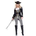 High Seas Captain Women Costume with black coat, gold trim, white ruffled top, striped pants, tricorn hat, sword.