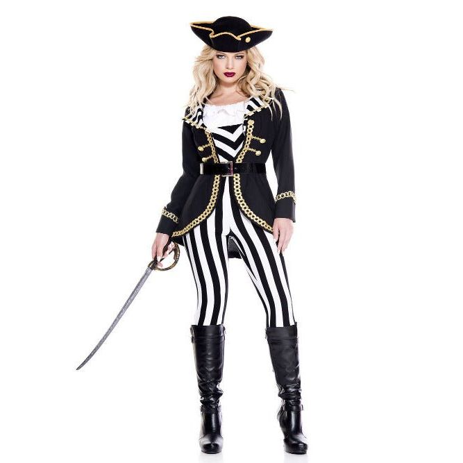 High Seas Captain Women Costume with black coat, gold trim, white ruffled top, striped pants, tricorn hat, sword.