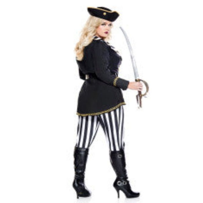 High Seas Captain Women Costume with white ruffled top, black coat with gold embroidery, striped pants, hat, and sword.