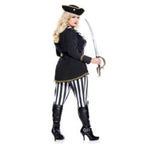 High Seas Captain Women Costume with white ruffled top, black coat with gold embroidery, striped pants, hat, and sword.